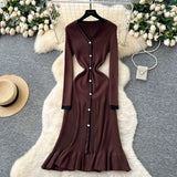 Small-Sized Famous Woman Hit The Color V-Neck Long Sleeve Single Buckle Waist Knitted Dress Women With Fish