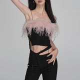Sexy Patchwork Feathers Camis For Women Square Collar Sleeveless Slim Tank Tops Female Summer Clothing Style