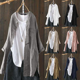 Womens Shirts 2022 ZANZEA Vintage Cotton Tunic Casual Long Sleeve Shirt Button Cardigans Female Soid Patchwork Tops Plus