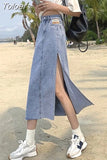 Autumn New Vintage Women Denim Skirt Street Style High Waist Straight A-Line Chic Hem Casual Elegant Split
