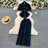 Light-Cooked Wind Strap To Close Waist Short-Sleeved Cowboy Topess Female High-Waisted Fork Hip Skirt Summer