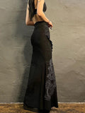 Gothic Mermaid Skirt Long Women Vintage Chinese Dragon Print High Waist Lace Up Slim Goth Black Maxi Skirt