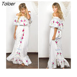 Boho Women Elegant Embroidered Lace Maxi Dress Off the Shoulder Sexy Slash Neck Casual Beach Summer Dress Female