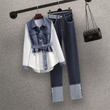 Popular Street Style Elegant Women's Pants Set Fashion Denim Shirt Blue Jeans Two-piece Set Famele Tracksuit