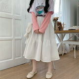 Kawaii Black Long Skirts Women Lolita White Patchwork High Waisted Midi Skirt Autumn Japanese Soft Girl Preppy