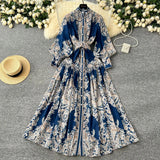 Style Dress Women's Spring Court Collar Lantern Sleeves To Close The Waist Single Buckle Printing Folded Long