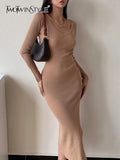 TWOTWINSTYLE Solid Minimalist Dress For Women V Neck Long Sleeve High Waist Solid Midi Dresses Female Spring Clothing Style