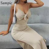 Sexy Backless Khaki Fashion Women Bandage Hollow Out Long Split Bodycon Dress 2021 Ladies Party Club Knit Cut Out