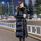 New Winter Puffer Jacket Women Warm Thicken Hooded With Fur Long Coat Shining Stylish Female Parka Manteau Femme