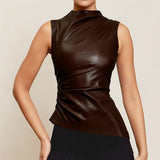 Toloer Women's 2024 New Leather Pile Collar Personality Closed Waist Oblique Hem Sleeveless Jacket Women's Vest-Outfit