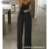 Long Women's Overalls Plants Print Asymmetrical Neck Wide Leg Jumpsuit High Waist Woman Jumpsuit Sleeveless Rompers