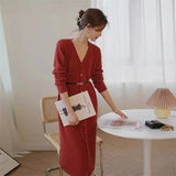 Women Autumn V-Neck Knitted Dress Solid Sweater Dresses Single-Breasted Waistbelt Long Sweater