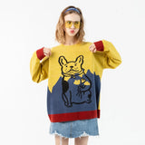 Stitching Color Bulldog Embroidery Sweater Harajuku Retro Style Knitted Sweater Autumn And Winter Cotton Pullover