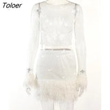Shiny See-through Mesh Feather Long Sleeve O-neck Bodycon Package Hip Two Piece Set Party Night Club Dress Sets with
