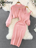 Beading Knitted Women Sets Loose Long Sleeves Sweater+ Solid Elastic Dress French Style Casual Two Piece