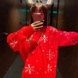 Women O-Neck Knit Pullovers Loose Double-sided Embroidery Reindeer Christmas Snowflake Warm Thick Medium Long