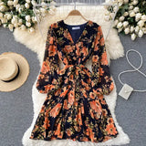 Autumn Women Floral Draped Mini Dress Bohemian Female V-Neck Puff Long Sleeve High Waist Bandage Pleated Vestido Female Robe