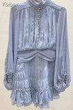 Temperament Fold Pleated Mini Dress For Women V Neck Puff Long Sleeve High Waist Button Slim Mesh Dresses Female 2023