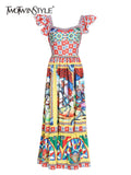 TWOTWINSTYLE Bohemian Print Dress For Women Butterfly Sleeve High Waist Casual Midi Dresses Female Summer Fashion Clothing