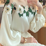 Patchwork Elegant Satin Blouse Women Vintage Lantern Sleeve Embroidered Woman Shirt Solid O-neck Tops Women Clothing