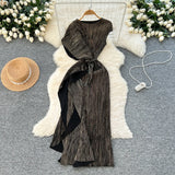 Folded Dress Design Irregular Lotus Leaves Side To Receive Waist Repair Bright Silk Pressure