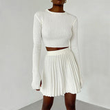 Suit With Skirt Women Solid 2022 Spring Mini Pleated Skirt And Long Sleeve Slim Crop Pullover Lady 2 Pieces Sets