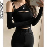 Rockmore 2 Piece T-Shirt And Cami Crop Top Women Y2K Harajuku Long Sleeve Skew Collar Casual Basic Tight Tees Female