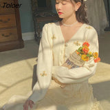 Embroidery V-neck Knitted Elegant Cardigans Women Korean Fashion Oversized Sweater Spring Long Sleeve Top Kawaii