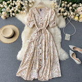 Sweet Floral Dress Women V Neck Puff Sleeve Single-Breasted Belt Dress Summer Bohemian Print A-line Midi