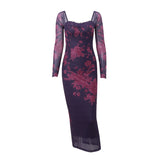 Toloer Women's Fall 2023 New Sexy Retro Print Lace Strap Slim Slit Long Sleeved Dress