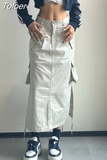 Long Cargo Skirt Women Y2k Streetwear Vintage Pocket High Waist Side Split Shirring Casual Straight Midi Skirt