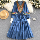 Vintage Embroidery Denim Maxi Dress Women Spring Lapel Pocket Lantern Sleeve Long Vestidos Belt Boho Beach Casual
