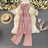 Women Sexy Strapless Jumpsuits Ruched Sleeveless Elegant Solid Rompers Summer Off Shoulder Beach Wide Leg Long