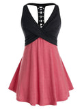 Tank Top Women Sleeveless Colorblock Shirt Summer Casual Ladies Lace Up Crossover Tanks V Neck