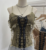 Shooting Do The Old Fur Side Of The Denim Splicing Pu Skin Lace Sling Vest Short Without Sleeve Top