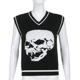 2022 Women's Knitted Vest Blue Skull Print Sleeveless Sweater Vest Waistcoat Casual Oversize Vest Pullover Green