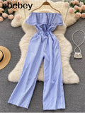 Women's Clubwear Romper Striped Jumpsuit Women Sexy Slash Neck Party Clubwear Jumpsuit Casual Wide Leg Overalls