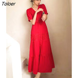 Button V-Neck Short Sleeve Summer Dress Women Chic Patchwork Lace Cotton Elegant Long Maxi Dresses Boho Beach