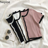 Korean Knit Cardigan TShirts Short Sleeve Cropped Tops Woman Tees Fashion 2023 Summer Shirts Femme Patchwork T