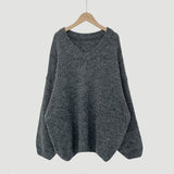 Solid Color V-Neck Oversized Sweater-Outfit