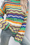 2023 New Fashion Vintage Urban Casual Hollow Out Rainbow Stripes O-Neck Long Sleeve Loose Pullover Sweater For