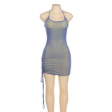 2021 Sexy Hipster Double Layer Drawstring Mini Dress Women Sleeveless Bodycon Halter Ruched Streetwear Club Basic