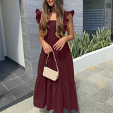 2022 Summer Maxi Sundress Women Sexy Sleeveless Ruffle Dress Bohemian Square Collar Casual Solid Beach Party Vestido