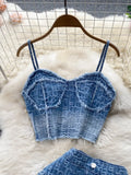 Women Summer Sexy Denim Set Strapless Sling Zipper Design Crop Top + Short Button Mini Shorts Skirt Jeans Two Piece