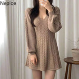Vintage Woman Dresses V-neck Lantern Sleeve Knit Robe Elegant Vestidos De Mujer Fashion Korean Sweater Y2K Mini