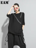 Women Black Asymmetrical Sittch Big Size T-shirt New Round Neck Long Sleeve Fashion Tide Spring Autumn 2023