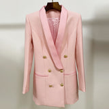 Long Blazer Dress 2022 New Pink Blazer Classic Lapel Double Breasted Satin Shawl Collar Women Office OL