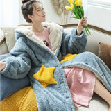 Coat Women Oversized Jacket Fleece Blanket with Sleeve Indoor Rope Femme Warm Plush Clothes Hooded Button Down Rope