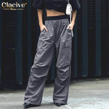 Fashion Loose Black Cargo Pants Women Elegant Elastic Waist Full Length Pants Casual Straight Trousers Female