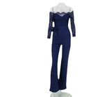 Women Elegant Jumpsuit One Shoulder Spaghetti Straps Solid Color Lace Open Back OnePiece Wide-leg Jumpsuits Long